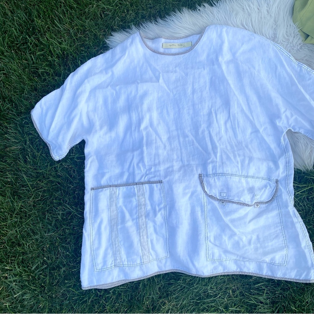 Cynthia Ashby white linen tunic dress with pockets small oversized